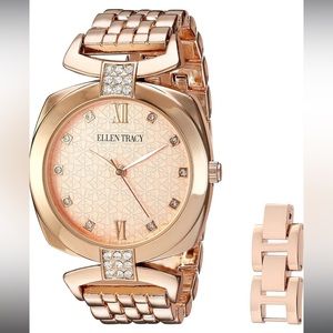 Ellen Tracy Rose Gold Tone Crystal Accent Embossed Dial Bracelet Watch